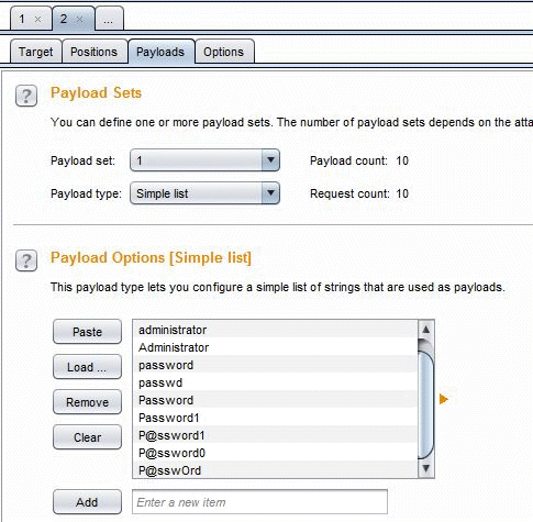 List of passwords in Burp Suite