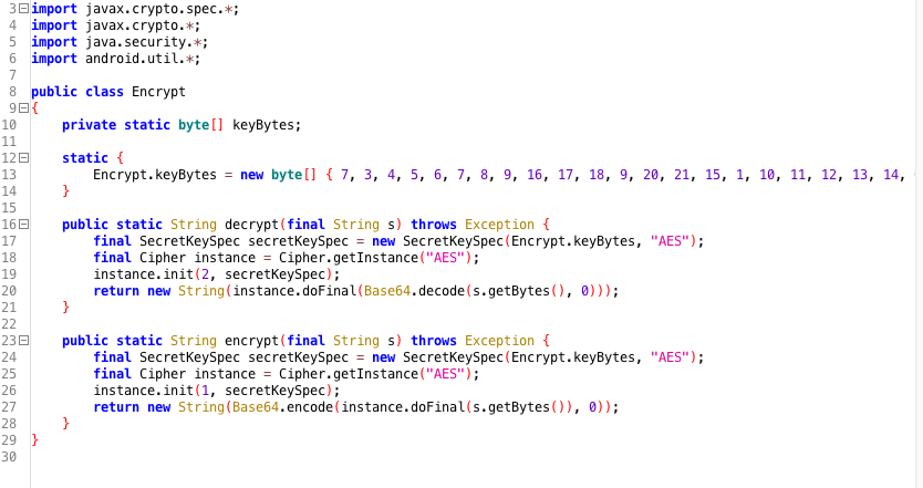 Use of a static encryption key in a production ready application.